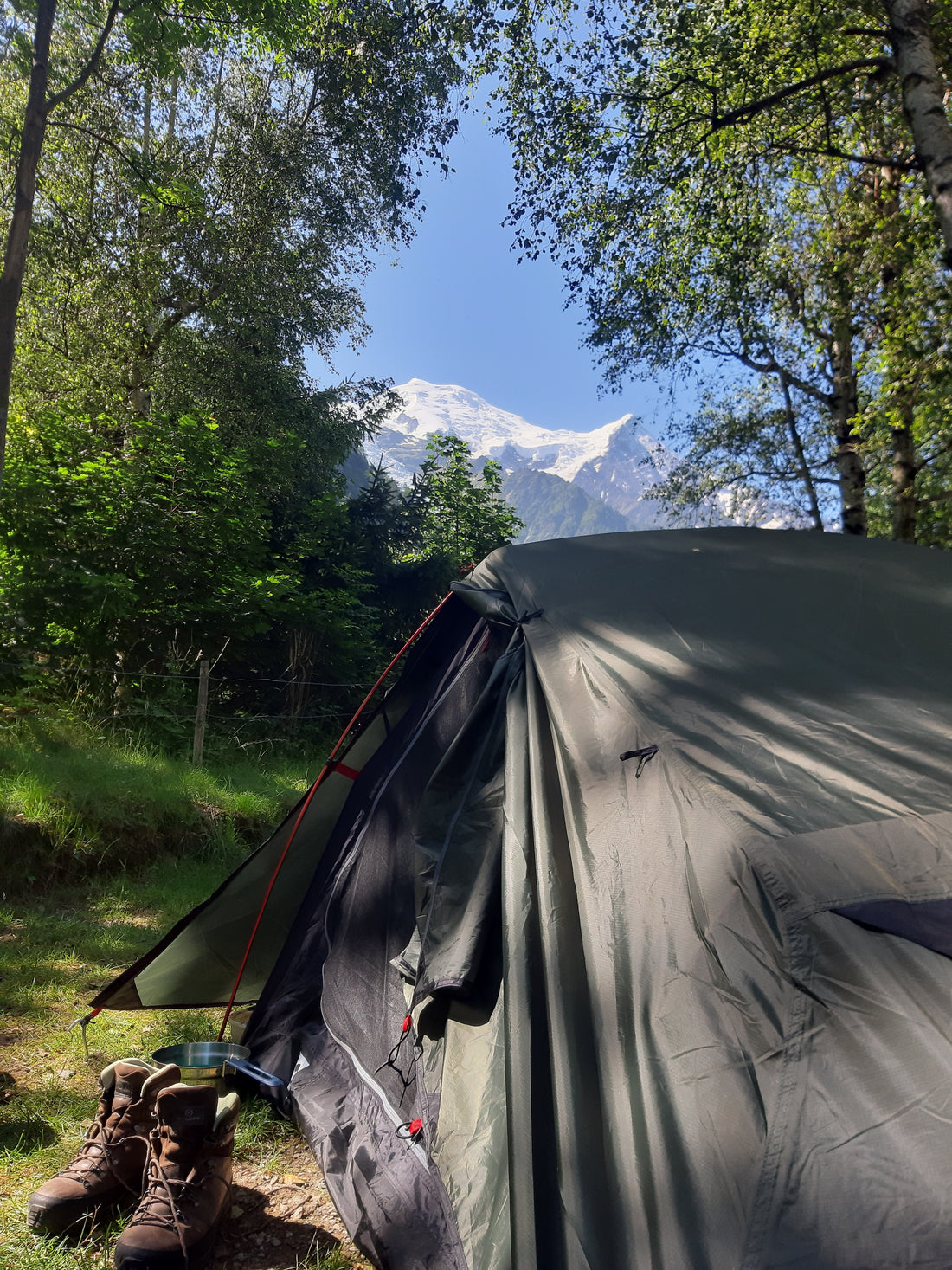 Summers day camping scenes with Mont Blanc Mountain in the background.