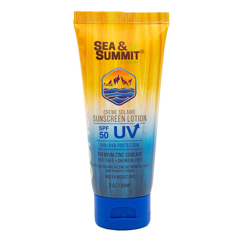 SPF 50 natural sunscreen lotion in a 3 oz recycled plastic tube. 