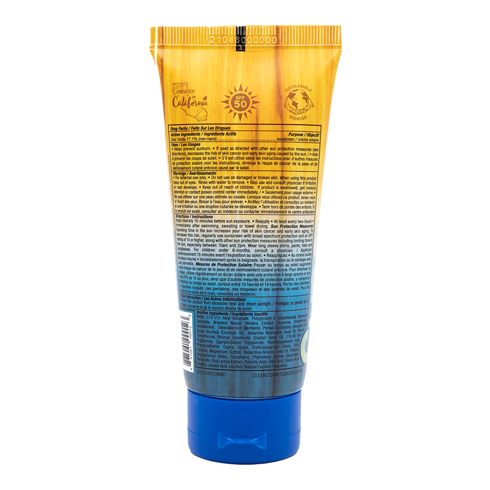Reverse side of the SPF 50 organic body lotion tube ingredients list on a white stock background.